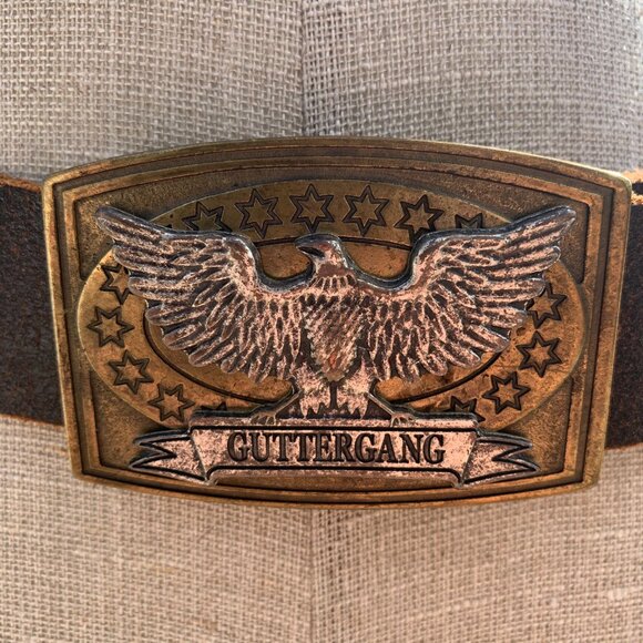Vintage Y2K Distressed Brown Leather Brass Silver Eagle Buckle Waist Belt - Picture 4 of 16